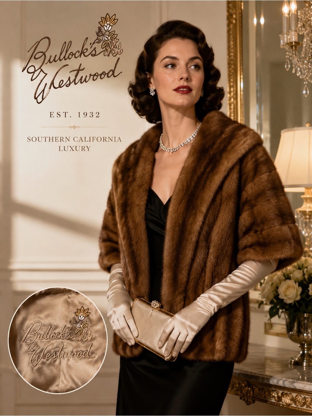1950s Vintage Bullock’s Westwood Mink Fur Stole Jacket Brown Old Hollywood